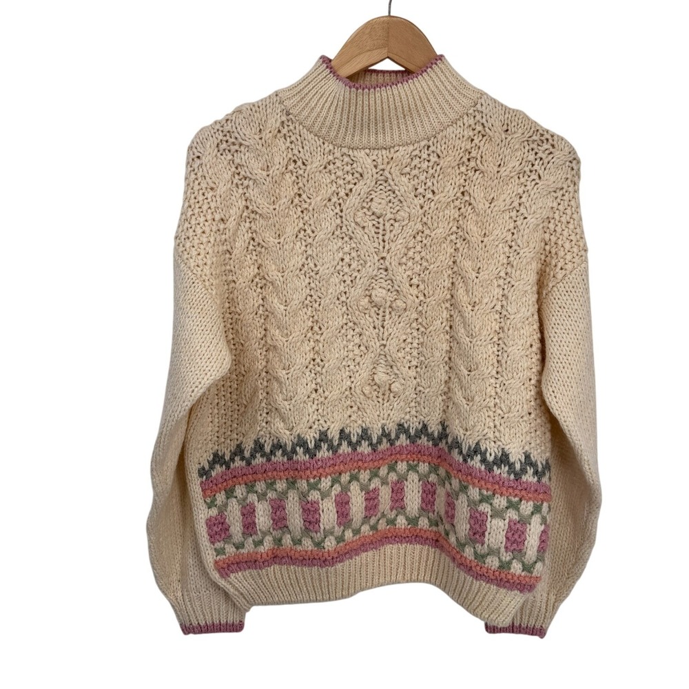 Vintage Rafferty Knitted by Hand Granny Sweater Womens L Cream Pink Romantic